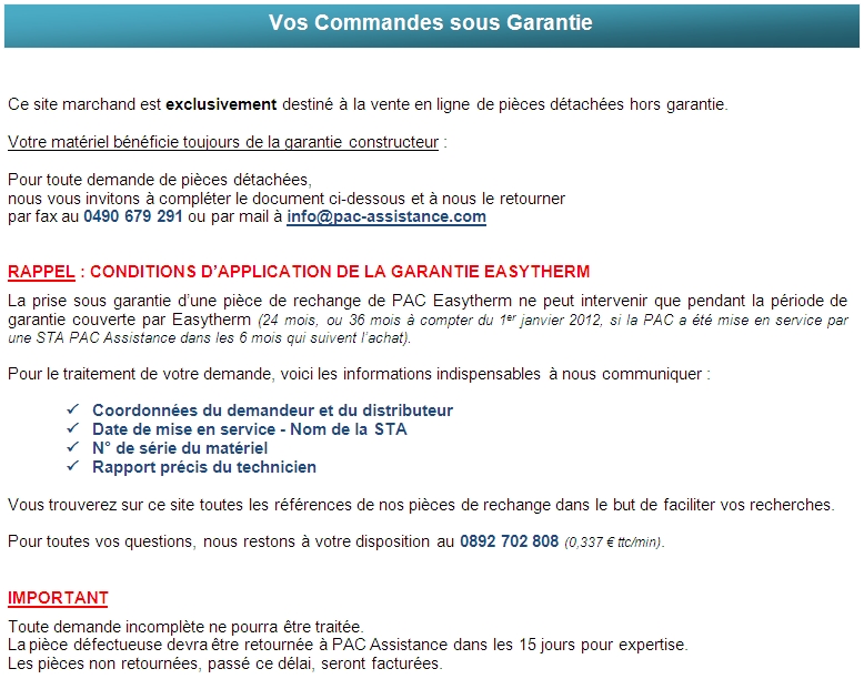Commandes sous garantie - Pac Assistance